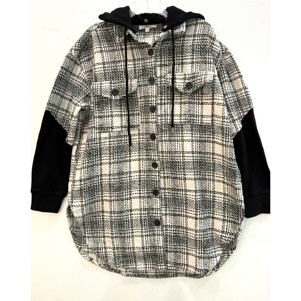 NWOT LBLC The Label Size Large Black Ivory Plaid Hooded Oversized Shacket - Picture 2 of 9